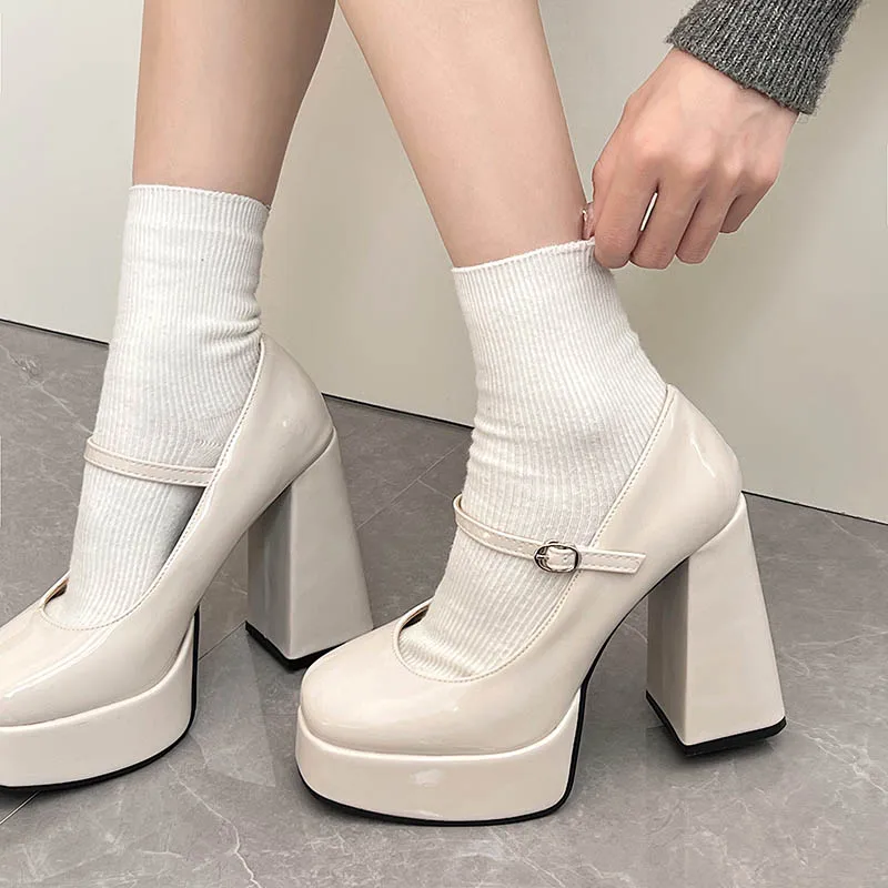 2024 New Beige Platform Pumps Women Super High Heels Buckle Strap Mary Jane Shoes Woman Hepburn style Thick Heel Party Shoes