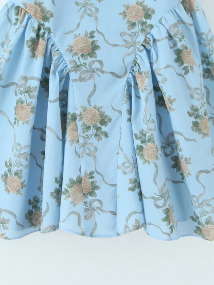 레트로 레이스 스플라이싱 슬림핏 스퀘어 넥 버블 소매 플로럴 드레스 여성 허리 조절 미니 숏 스커트 프린세스 드레스