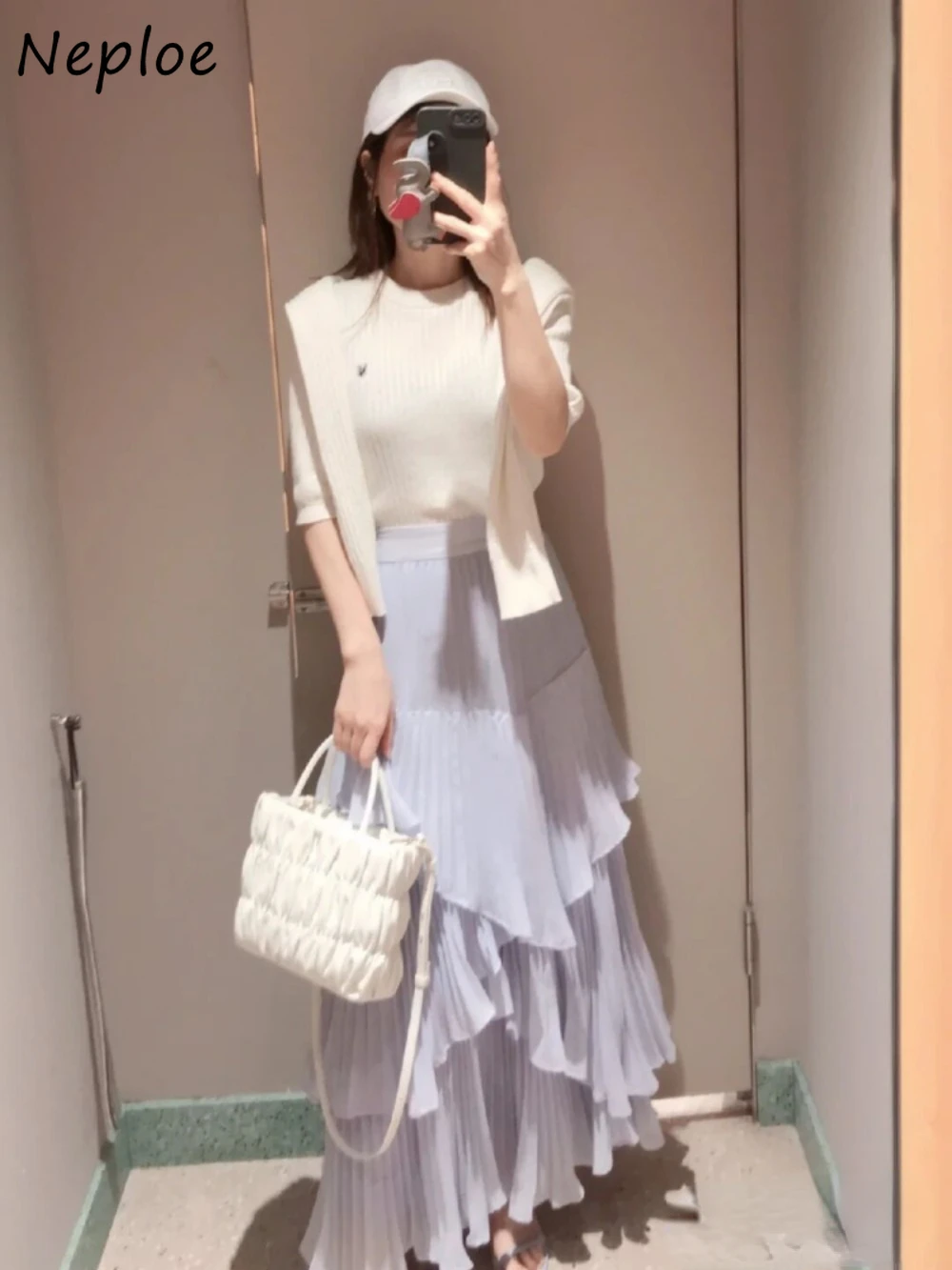 Neploe Temperament Ruffles High Waist Faldas Slim Fit Chiffon Plaid Mid-length Mujer Faldas Japan Irregular Voile Cake Skirt