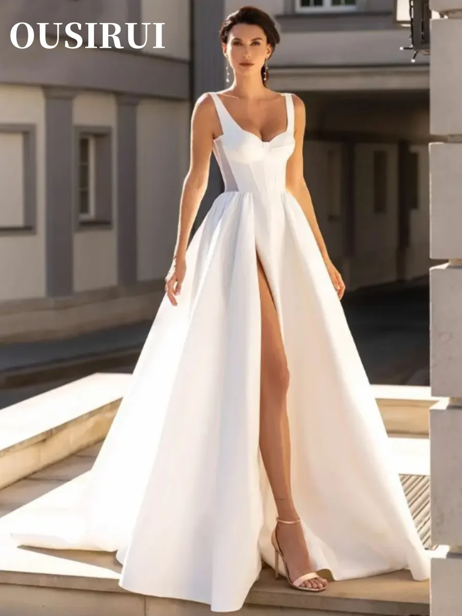 

OUSIRUI A-Line Wedding Dress For Women High Modern Square Neck Spaghetti Straps Slit Sleeveless Satin Vestido De Novia