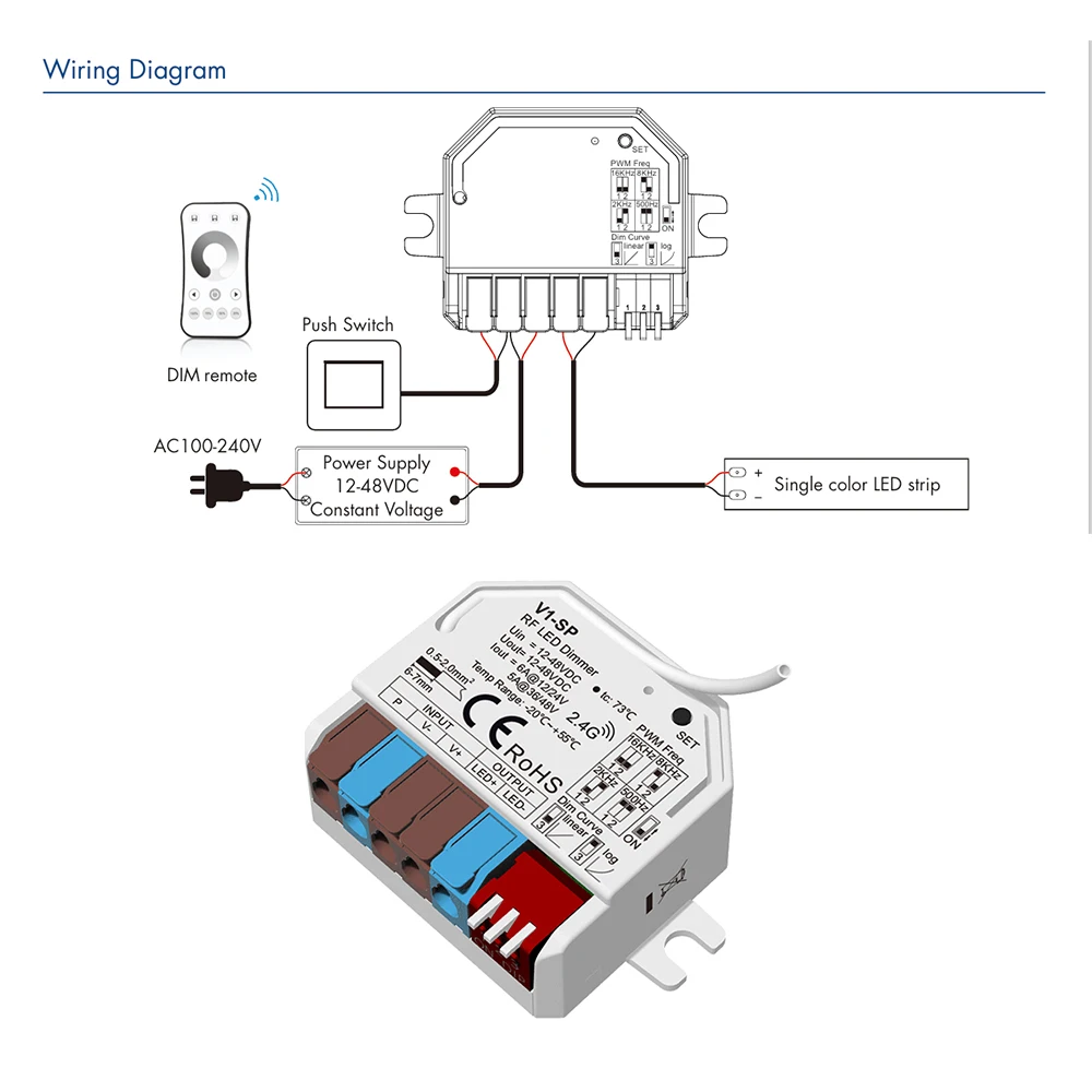 Skydance V1-SP DC12-48V Mini tensione costante 1CH * 6A 2.4GHzRF + Push-DIM Controller dimmer LED monocolore per striscia LED