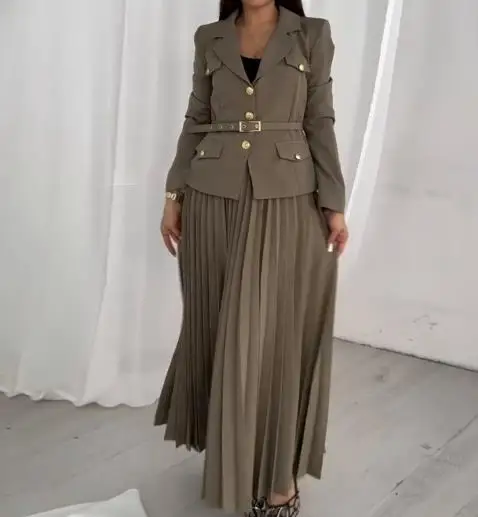 2025년 봄 신상 여성용 우아한 투피스 세트, 솔리드 컬러의 고급스러운 라펠 수트와 플리츠 스커트 세트