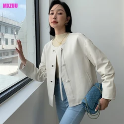 White Leather Jacket Women Spring Autumn Natural Sheepskin Simple Collarless Buckle Rope Design  Short Slim Coat Chaqueta Mujer