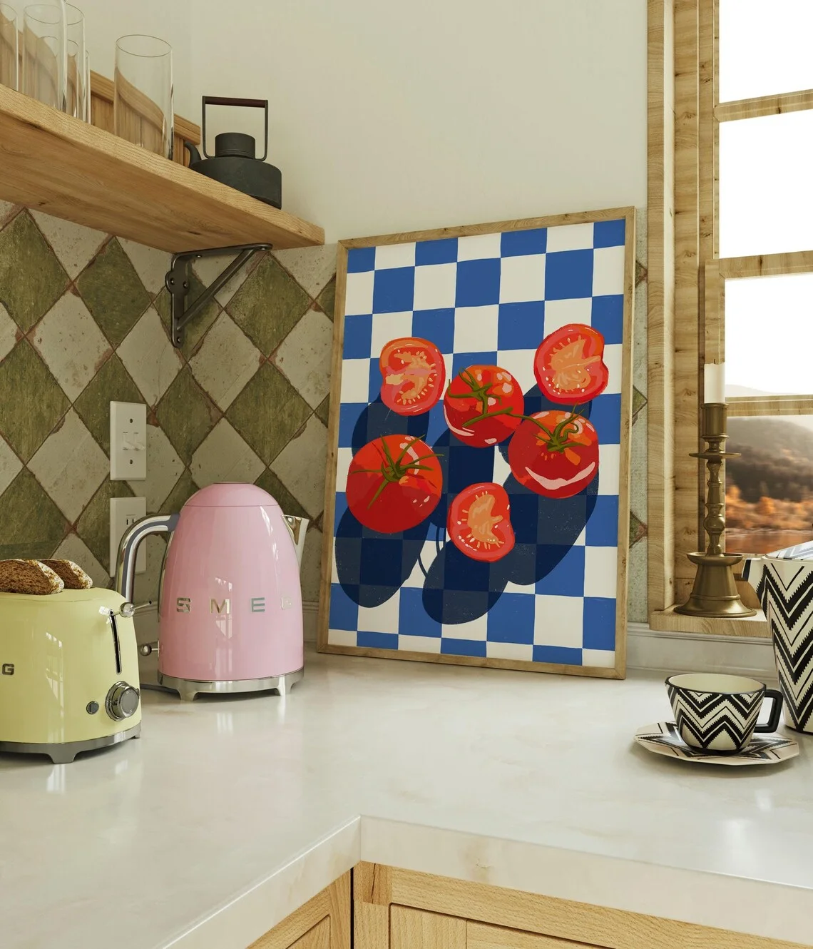 Cheerful Tomato Still Life Wall Art - Vibrant Print Celebrating Fresh Produce. The Bright Red Tomatoes and Classic Checkered Pat