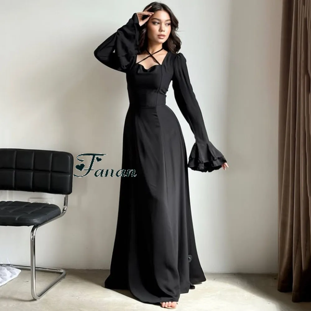 Customized Black A-line Jersey Evening Dresses Square Collar Full Sleeves Party Prom Gown Draped Lace-up Floor Length Prom Dress