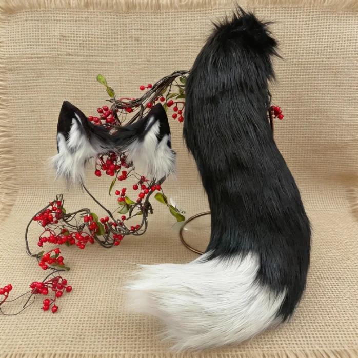 

New Hand Made Work Halloween Red Wolf Ear Hairhoop Tail Set Anime DIY Costume Accessories Custom Made Headwear