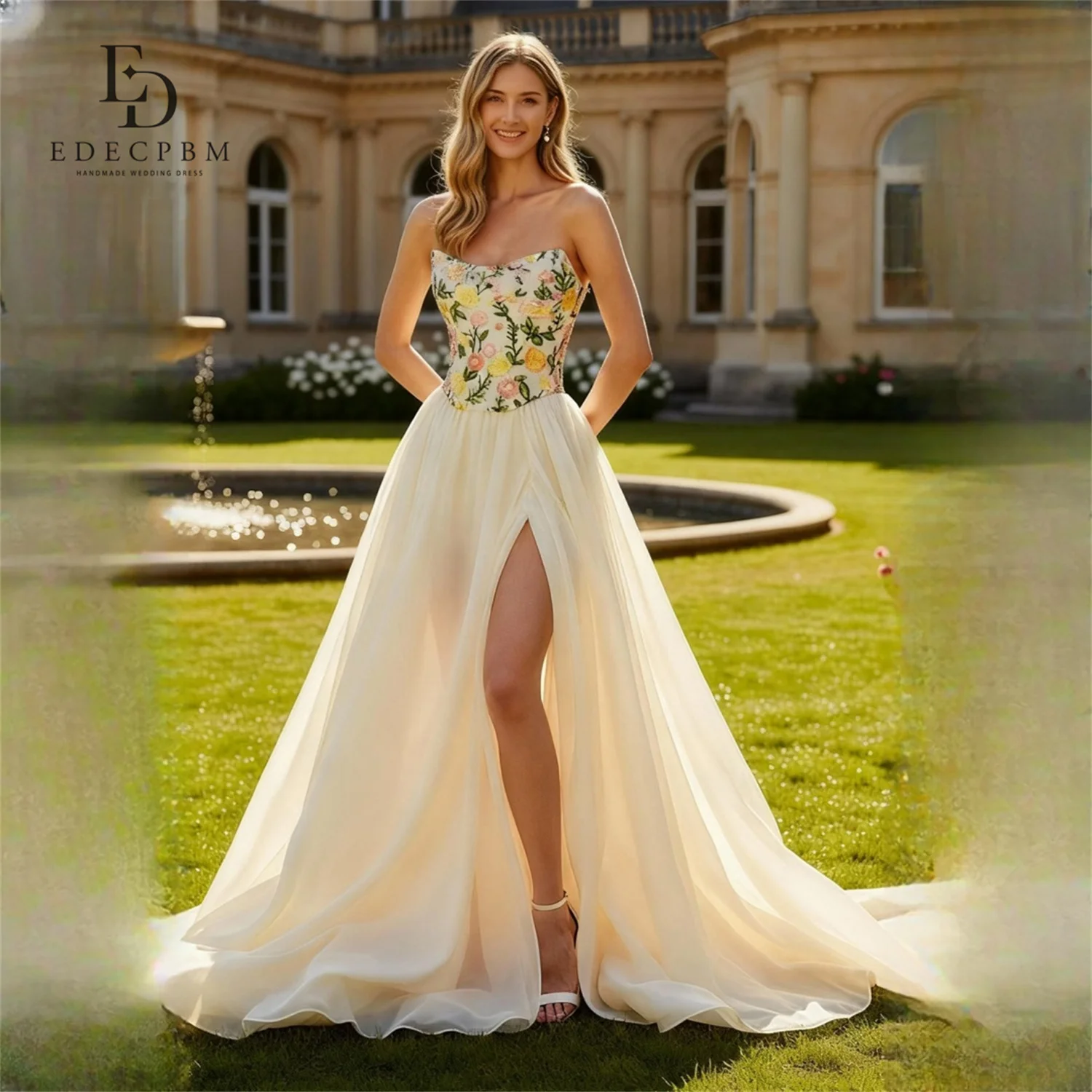 

EDECPBM Chiffon Strapless Ivory A-Line Evening Dress 2026 Prom Dress Formal Evening Flowers Elegant Luxury Women Customized