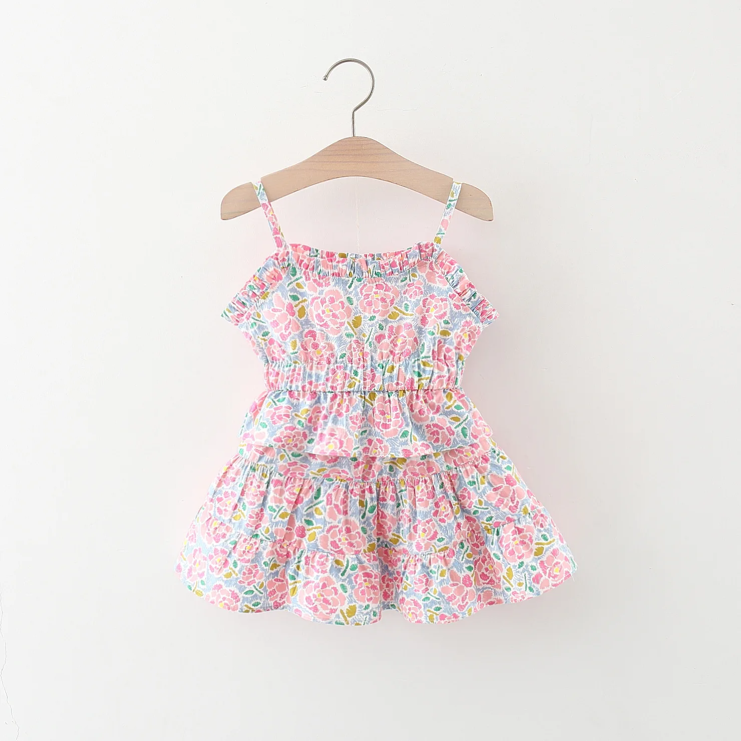 Summer 2 pieces/set for girls with suspender and dress Girls with full rose print lace suspender and dress