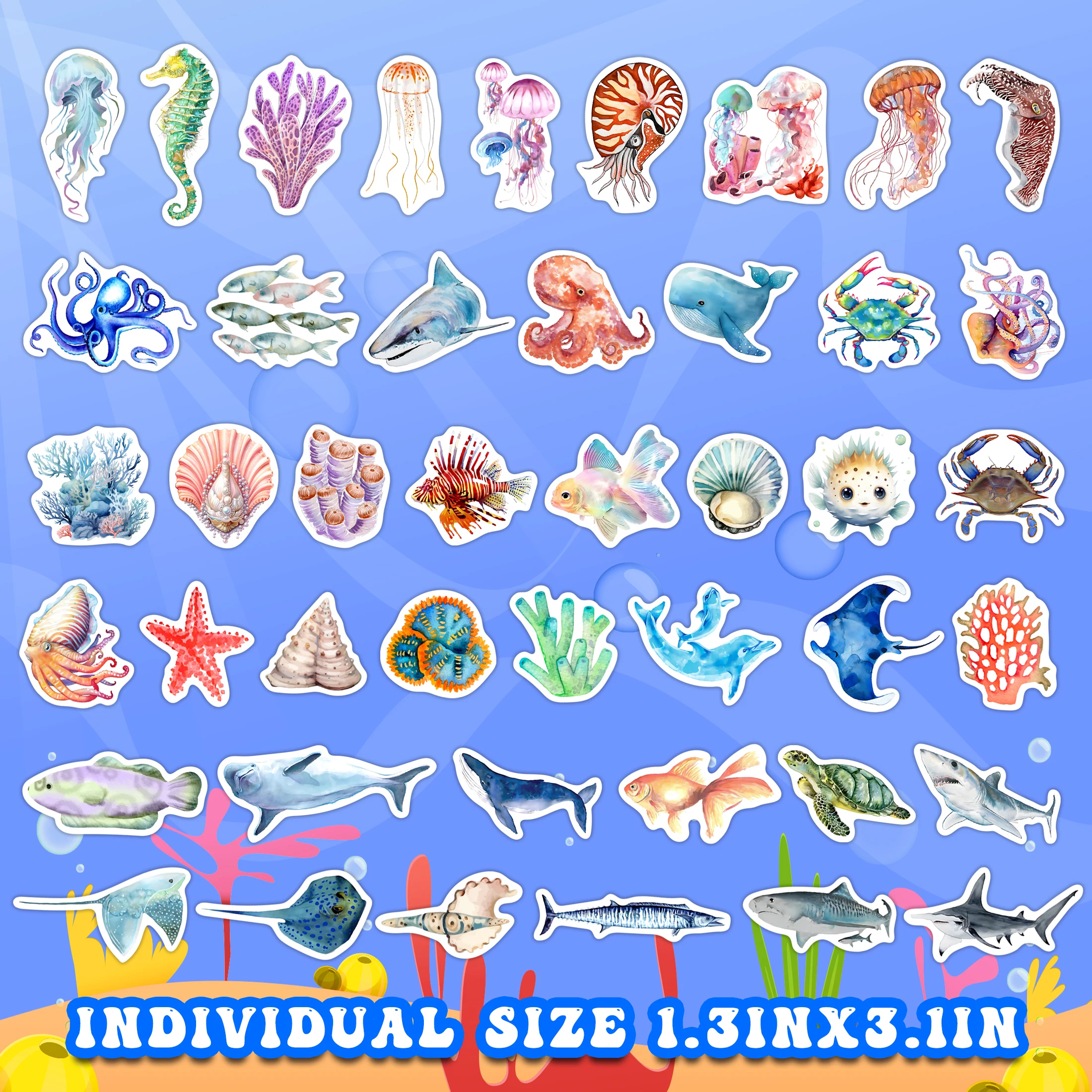 51 Pcs Sea Animals Water Bottle Stickers for Kids,Glow in The Dark Cute Ocean Creatures Laptop Decals, Vinyl Waterproof Adults