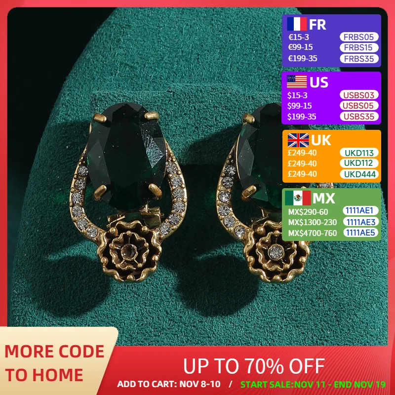 

Retro Black Camellia Flower Earrings Vintage Jewelry Green Crystal Woman Designer Antique Gold Color Luxury Charm Accessories