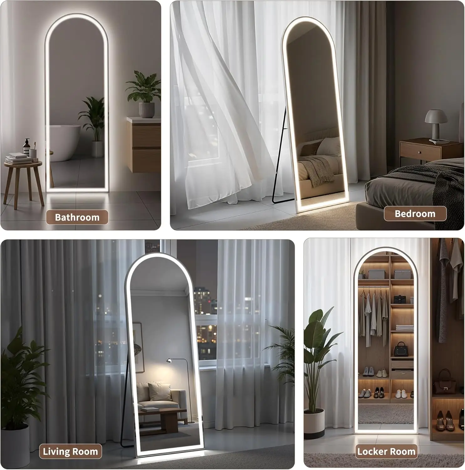 مرآة مقوسة كاملة الطول مع أضواء LED، مرآة أرضية LED مقاس 60 × 16 بوصة مع حامل، مرايا أرضية للجسم مع إضاءة خافتة بثلاثة ألوان