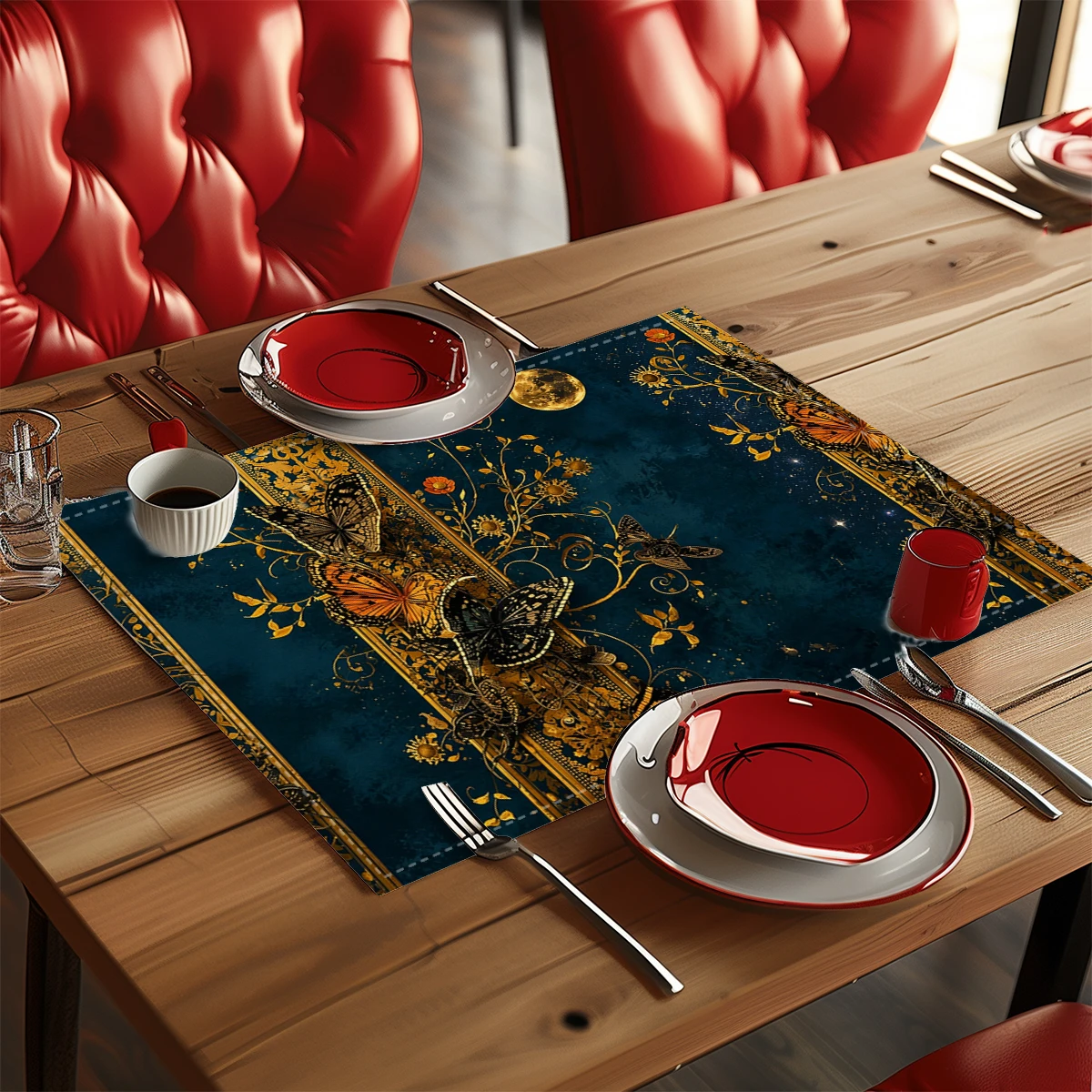 Nautical Octopus Pattern Polyester Placemats & Coasters - Decorative Table Linens for Home Kitchen, Restaurant and Daily Use