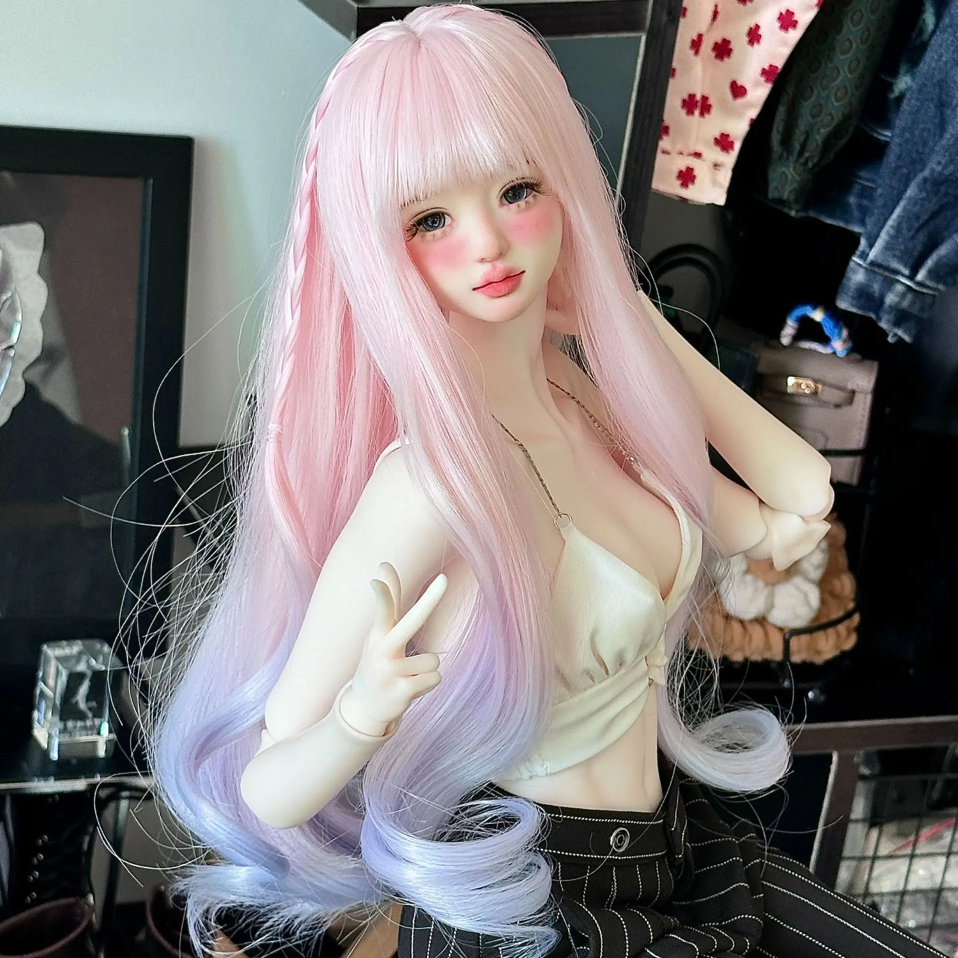 BJD Princess Doll DIY Accessories Exquisite Wig Gradient Colour 1/6 BJD Doll Curly Hair Twist Braid Pink Hair Cover Dress Up Toy