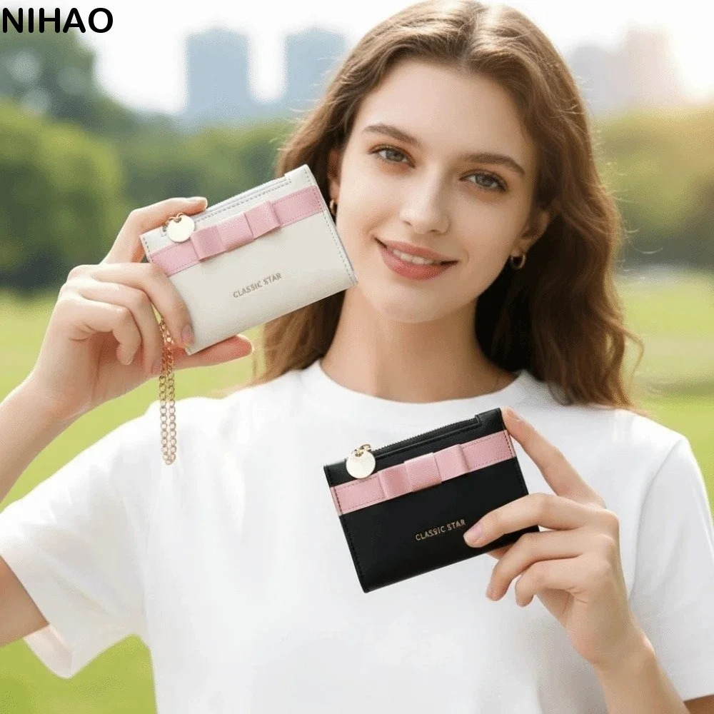 

Portable Candy Color Wallet PVC Bow Small Pouch Short Leather Purse Multiple Card Anti-splash Water Folding Card Bag School