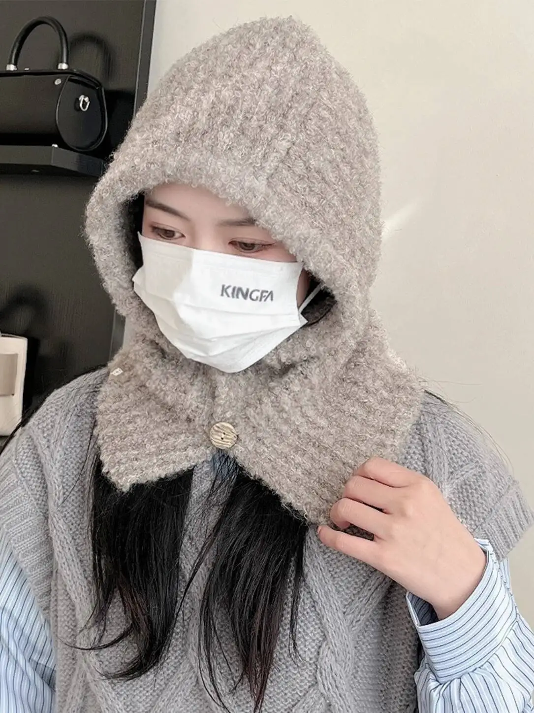 

Fashion Balaclava Knit Alpaca Wool Hat Scarf Women Men Autumn Winter Buttons Cap Neckerchief Set Soft Warm Hood