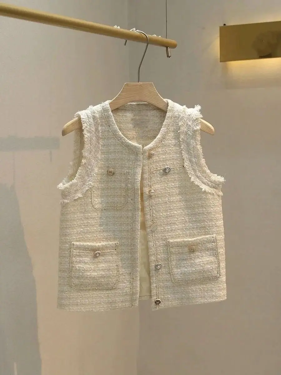 

High-End ort Svel Women's Vest Faionable Versatile Small Fraance Sle Top Buttoned Tweed Material Commute Sle