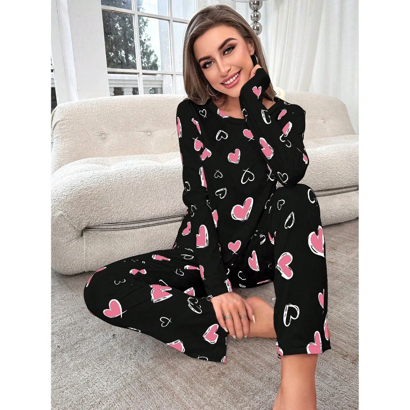 New European and American Women's Full Printed Love Print Long Sleeved Pants Set Ladies 2027 Soft Casual Nightwear Homewear