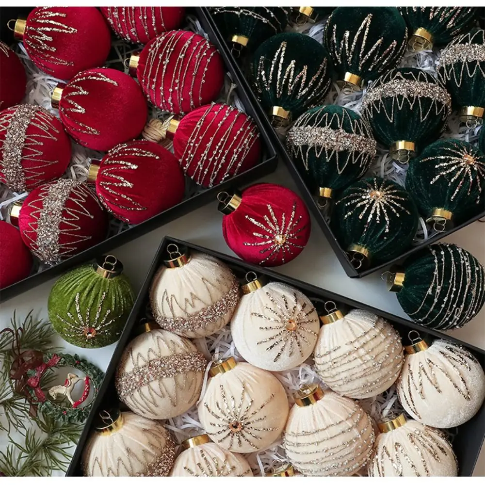 

12Pcs/set Velvet Flocking Christmas Ball Set Sparkling Plastic Xmas Tree Hanging Pendant 8cm Red Christmas Tree Props