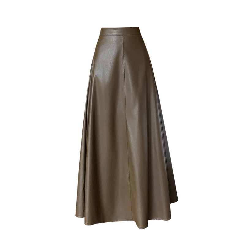 Schwarzer Rock aus PU-Leder für Damen, 2025, luxuriöse Herbst-Winter-Kleidung, hohe Taille, A-Linie, ausgestellter Rock, Vintage, schlanke lange Röcke für Damen