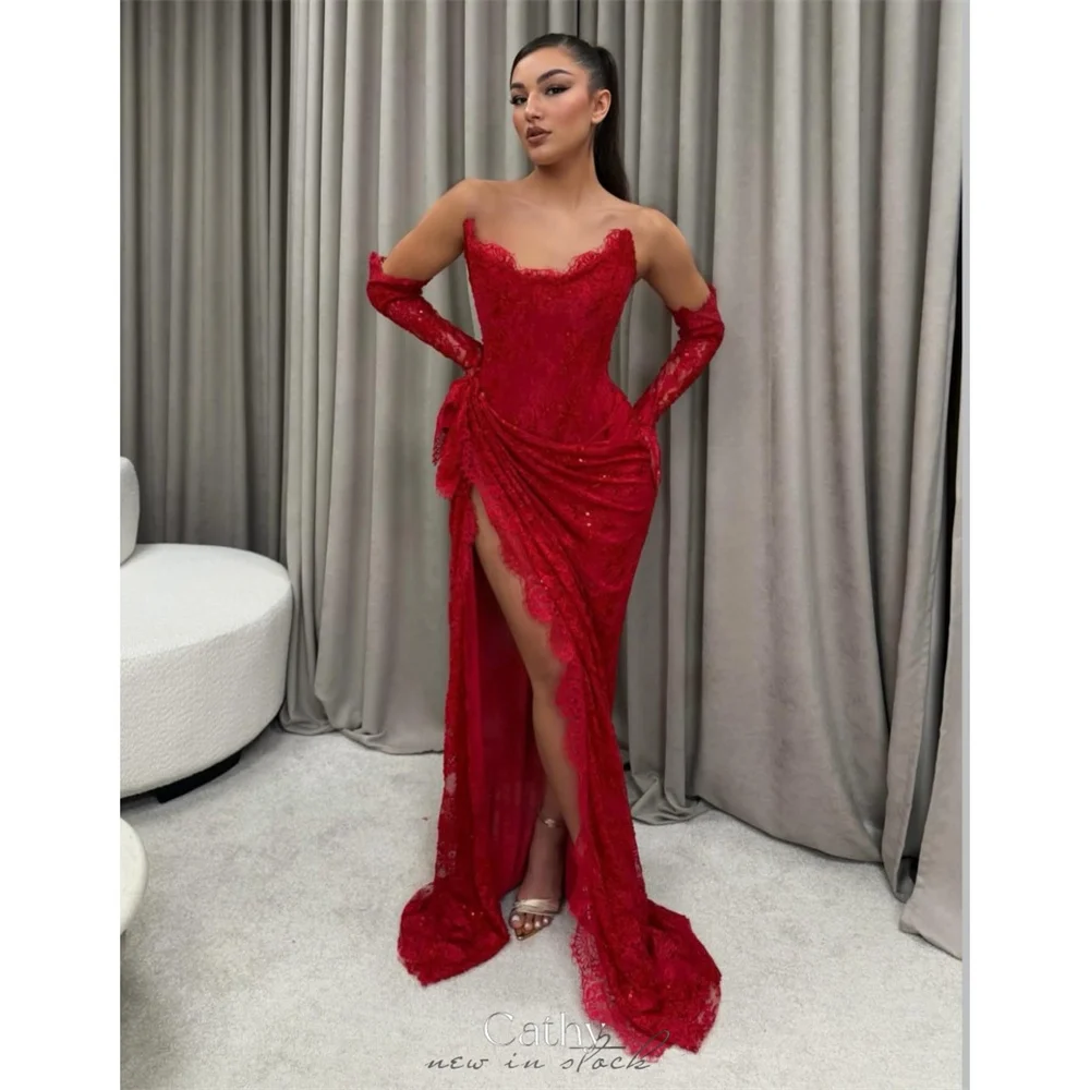 

Cathy Customized Red Lace Side High Slit Prom Dress Strapless Mermaid vestidos de noiva Detachable Sleeves Floor-Length Formal