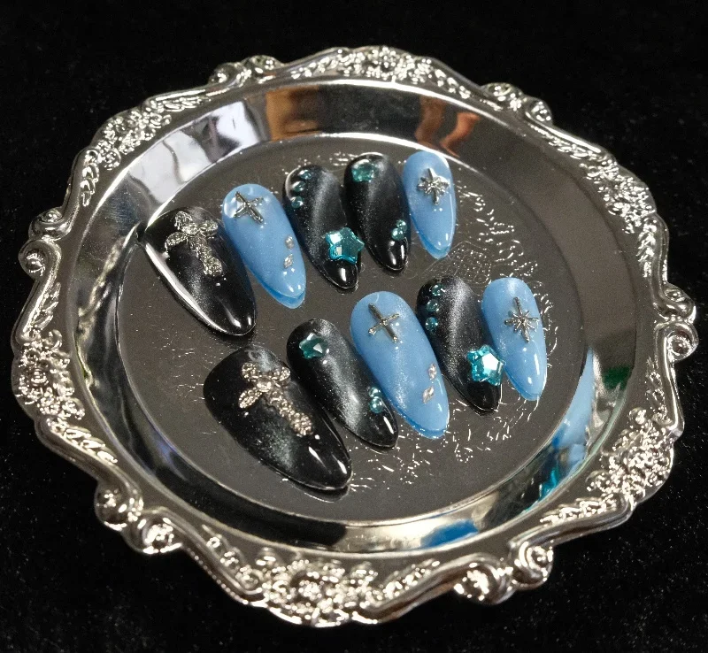 

10PCS Shiny Black Cat Eye Almond Press on Nails Simple Blue Handmade 3D Cross Star Decor False Nails for Women Sweet Cool Nails