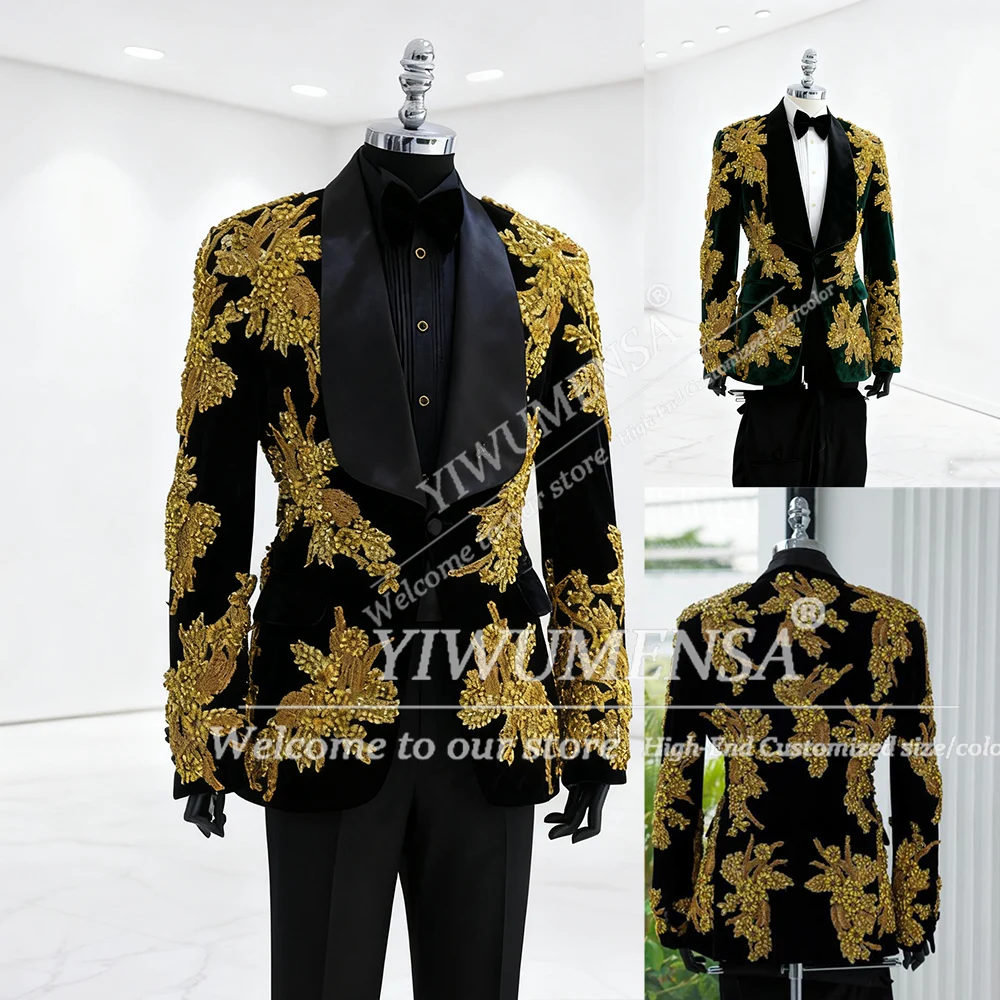 

Уникальные мужские костюмы с золотой вышивкой для свадьбы, бархатный пиджак с шалью и лацканами для выпускного вечера и брюки, смокинги для жениха, индивидуальная одежда