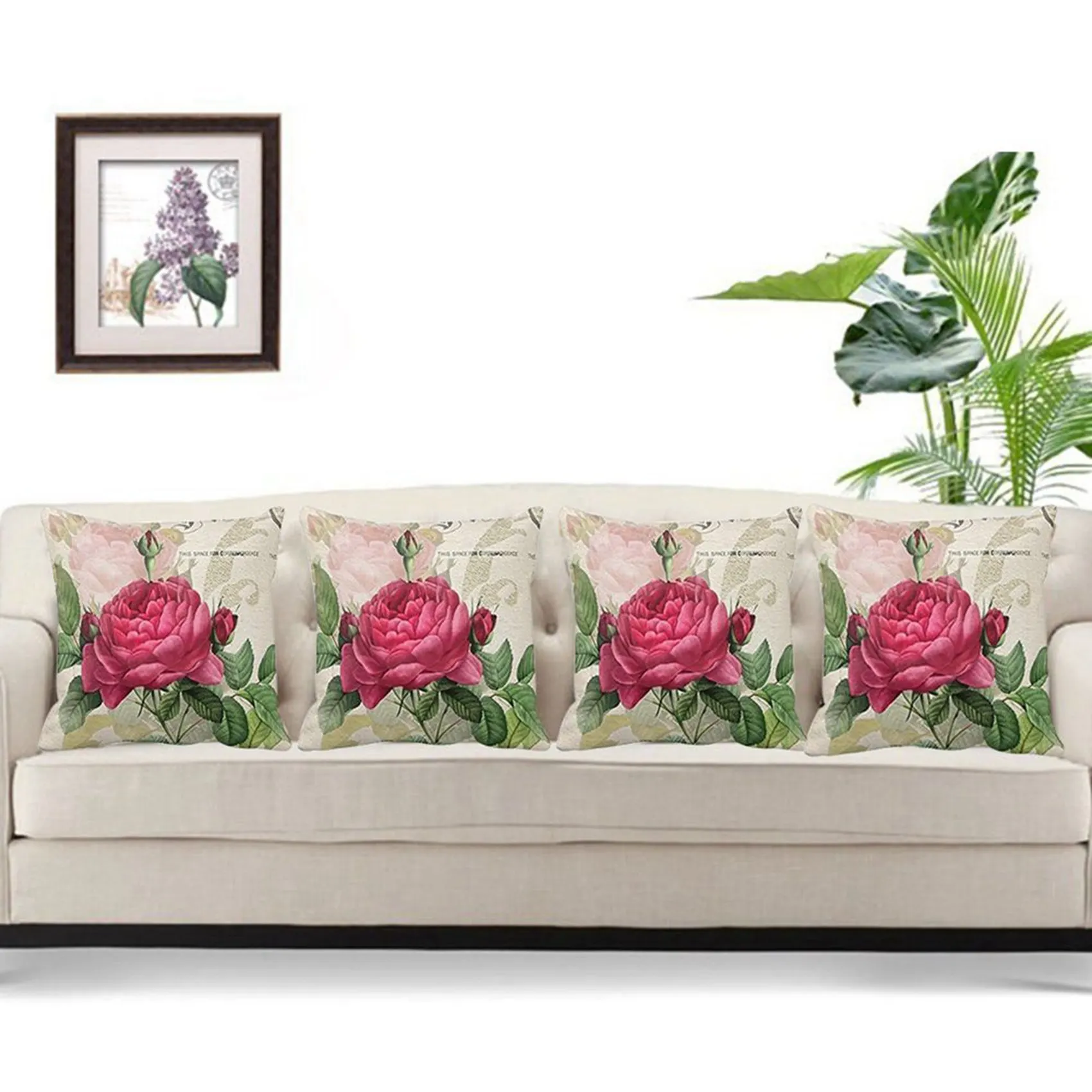 SEWS-3X Vintage Floral/Flower Flax Decorative Throw Pillow Case Cushion Cover Home Sofa Decorative(Rose Flower)