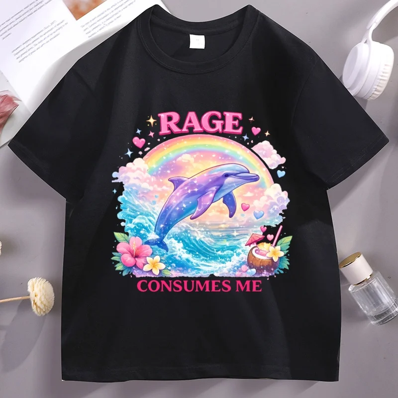 Rage Consumes Me Dolphin T Shirt Casual Round Neck Printed Cotton Short Sleeve T-shirt Mens Clothing Streetwear Y2k Clothes