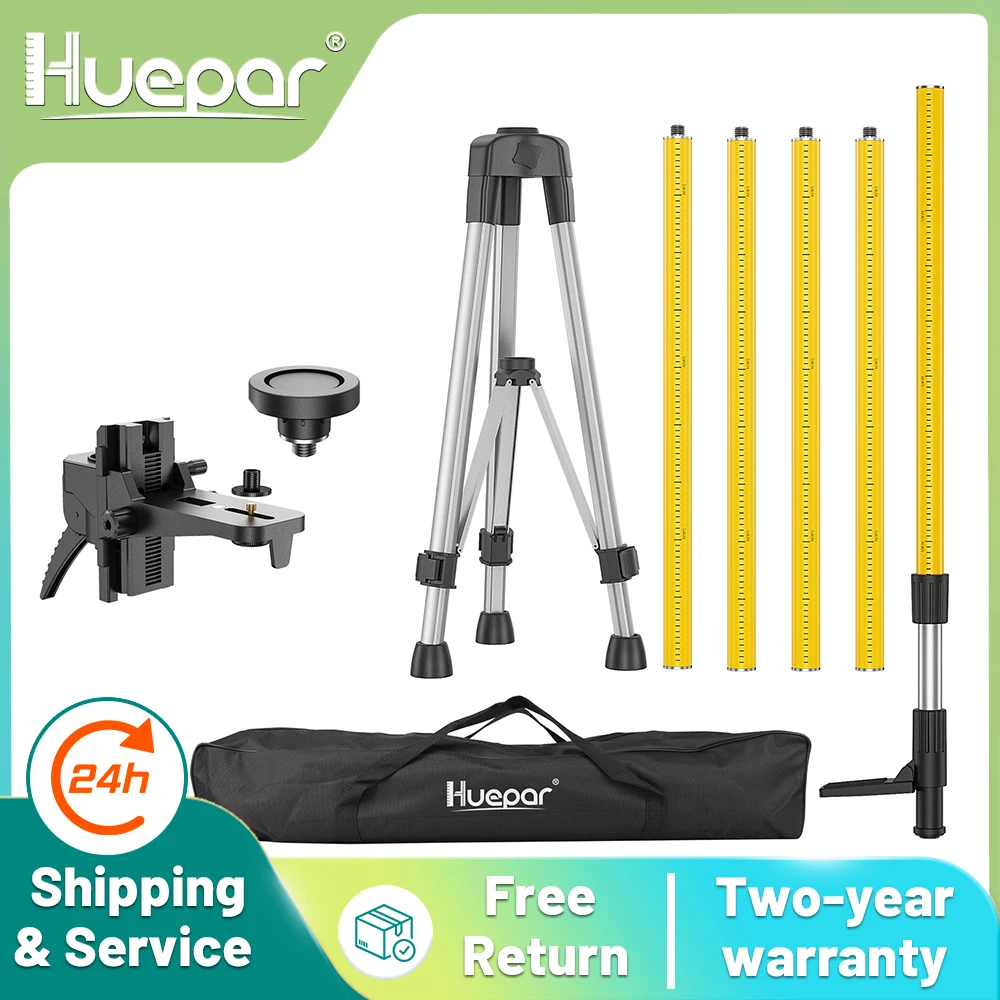 Huepar 12 Ft./3.7m Laser Tripod Telescoping Pole with 1/4-Inch by 20-Inch Laser Mount for Rotary Included Rod & 5/8