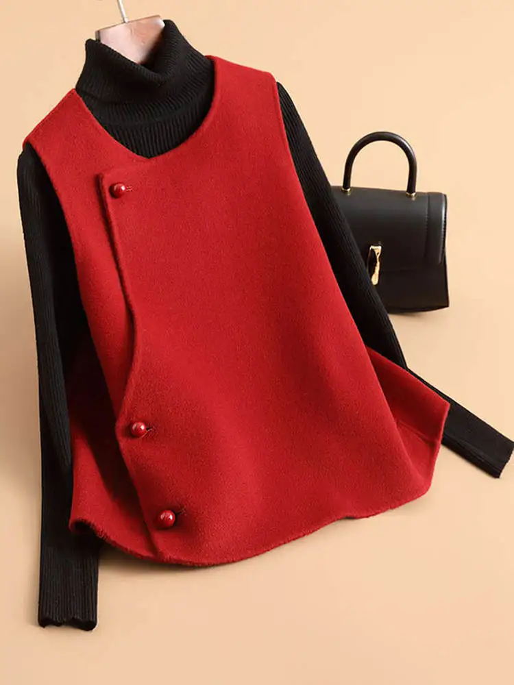 빨간색 울 조끼 코트 여성용 신상 중국 스타일 친다오 니트 아우터웨어 출퇴근용 라운드 넥 오버 롱