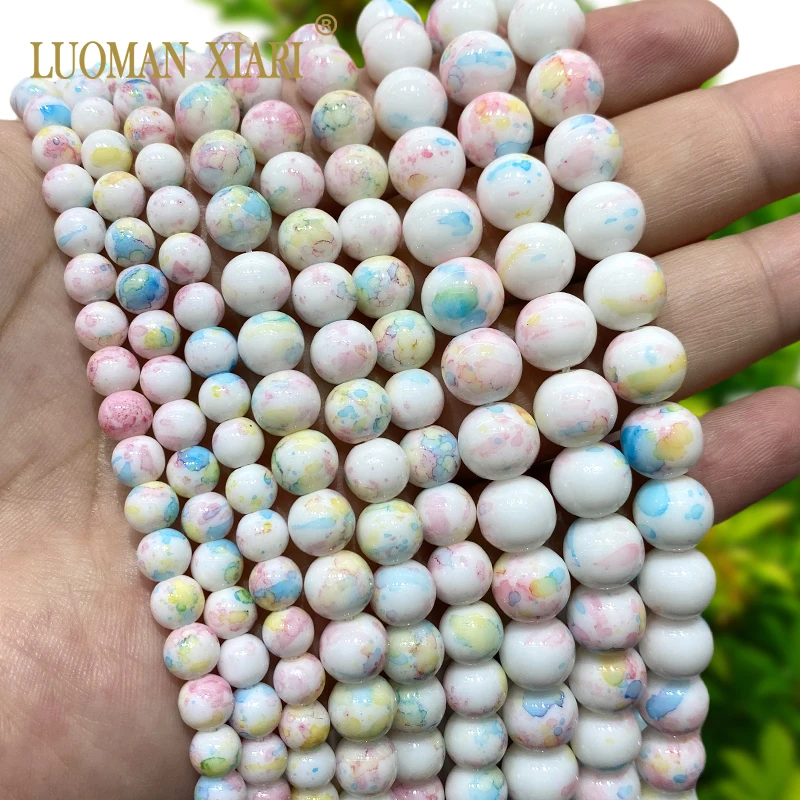 Natural Stone Roasted White Jades Pink Blue Loose Round Spacer Beads for Jewelry Making DIY Earrings Bracelet Charms Accessories