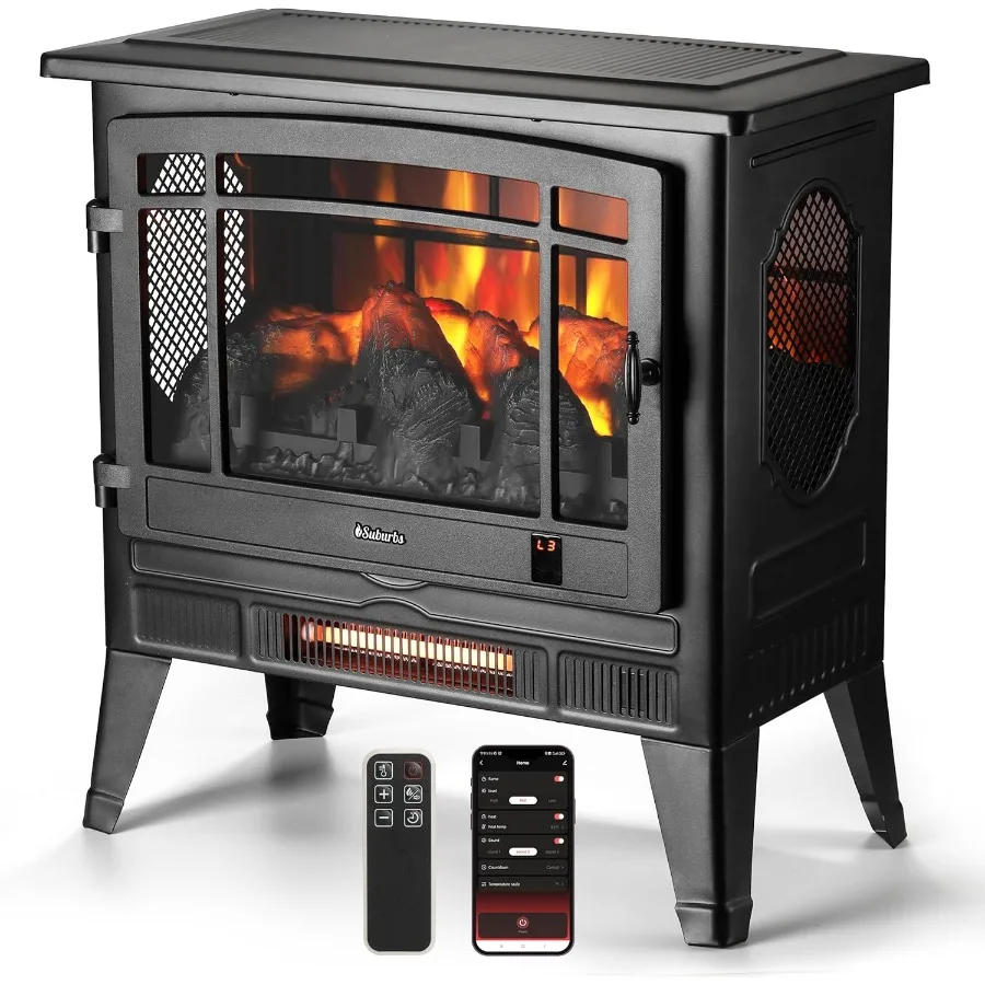 Suburbs 25 WiFi Electric Fireplace Infrared Heater with Crackling Sound Freestanding Fireplace Stove in Black with Adjustable F