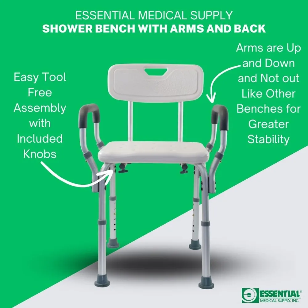 Height Adjustable Shower and Bath Bench with Padded Arms, Contoured Back and Textured Shower Chair Seat- for The Bath and Shower