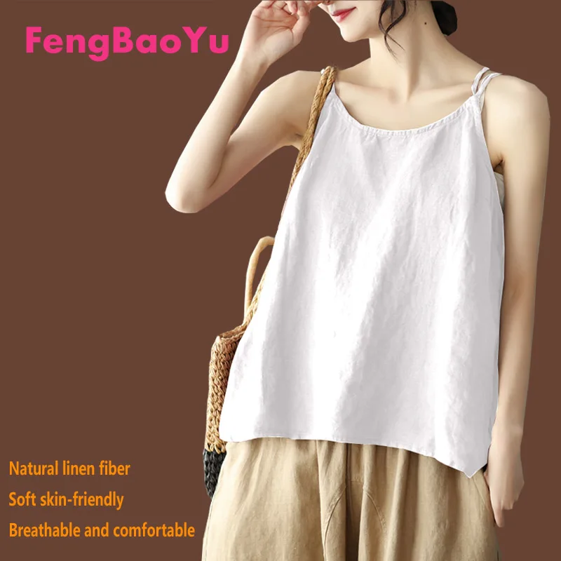 

Fengbaoyu Linen Summer Lady Sling Vest White Outside Wear Fresh Leisure Crop Top Streetwear Plus Size Women Tops Free Shipping