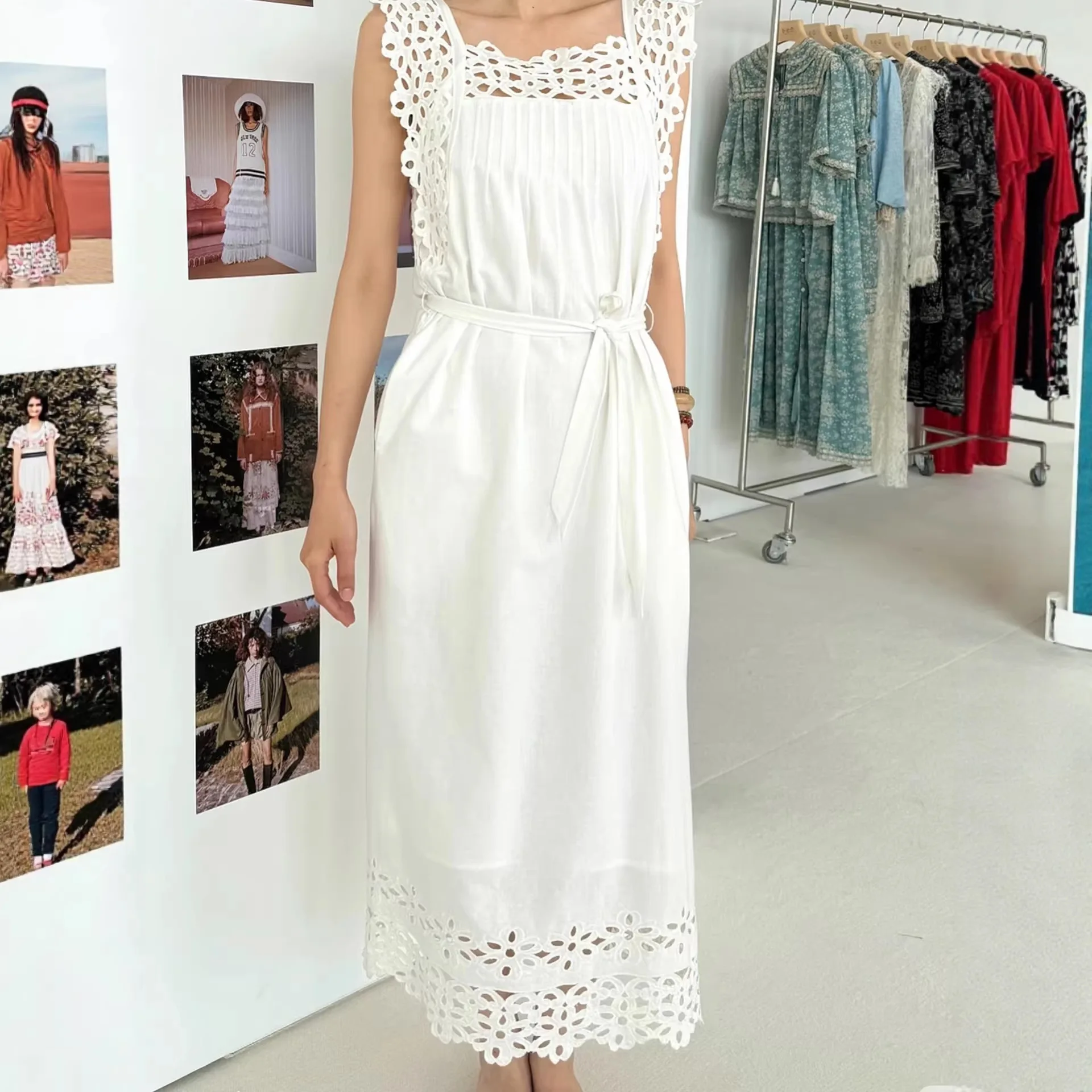 

Французская женская юбка-трапеция из хлопка с квадратным вырезом, ажурными вставками и кружевом, однотонная белая, для офиса и повседневной носки