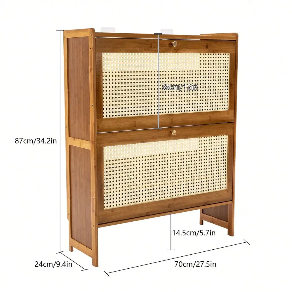 

Cabinet With 2 Handmade Natural Rattan Flip Drawers, Entryway Shoe Rack Storage Organizer For Sneakers, Leather Shoes, Slippers