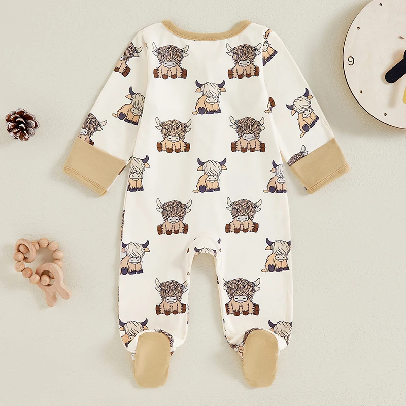 2024-06-01 Lioraitiin 0-18M Autumn Baby Boys Girls Western Footed Jumpsuit Long Sleeve Crew Neck Cow Print Zipper Romper