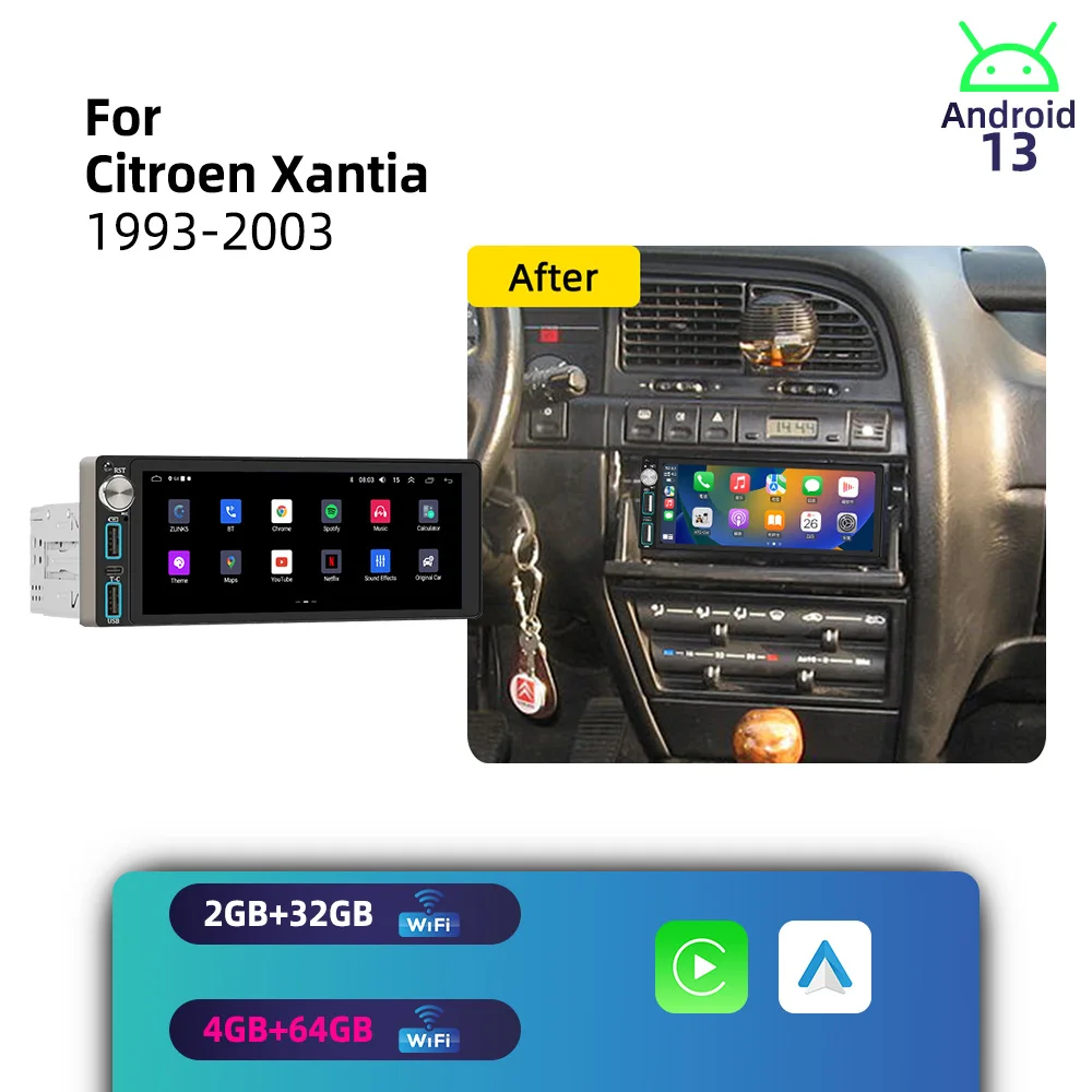 Car Multimedia for Citroen Xantia 1993-2003 Android 1Din Car Stereo Autoradio Radio Head Unit 6.86 inch Screen Carplay GPS