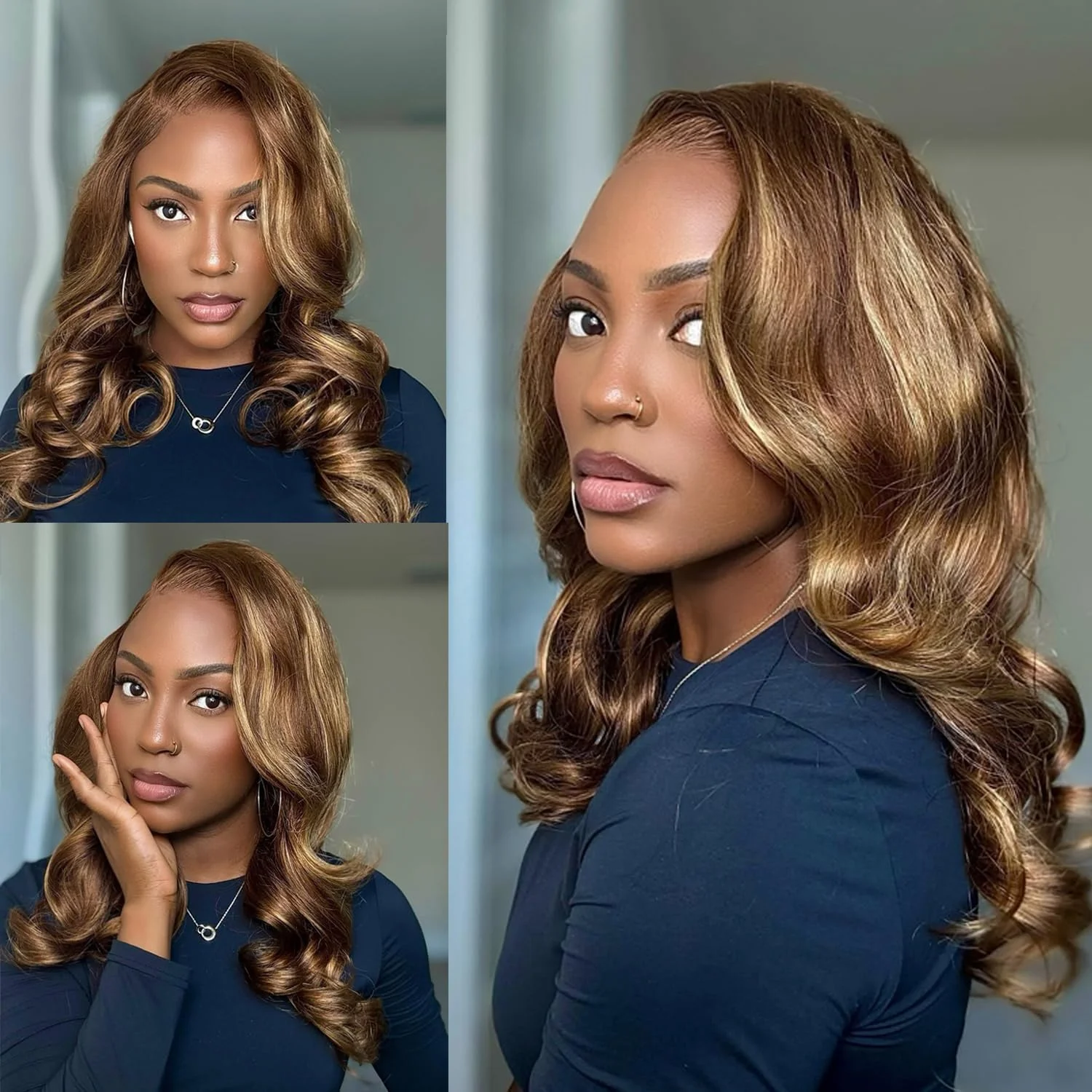 

Honey Blonde Ombre 13x6 Lace Front Wigs Human Hair 220% Density Highlight Body Wave HD Lace Front Wigs Pre Plucked Glueless P4/27 Colored Wig for Women Average Cap Tangle Free