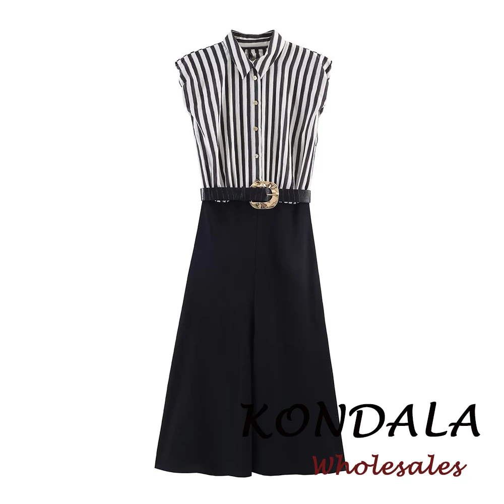 KONDALA Schickes Gestreiftes Patchwork Modernes Damen-Gürtelkleid Lange Knopfleiste Frühjahrsmode 2026 Kleid Elegantes Ärmelloses Damenkleid