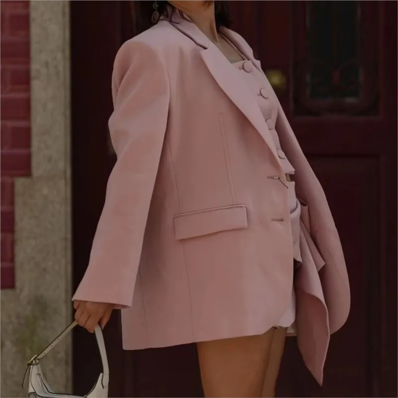 سترة أنيقة للسيدات موضة عتيقة وردية واحدة الصدر مع جيوب سترات بدلة ربيع 2025 معطف برقبة مدببة للمكتب للسيدات
