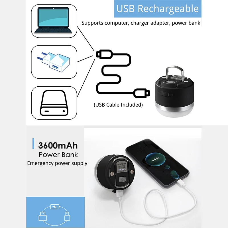 5 طرق ضوء LED خيمة فانوس قابلة للشحن التخييم ضوء قوة البنك طويلة المدى الأضواء المغناطيسي فانوس معلق ضوء الصيد