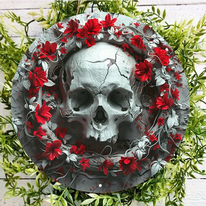 

Round Aluminum Metal Sign with Skeletons and Flowers Design, Waterproof, HD Printing, Outdoor and Indoor Wall Wreath Decor