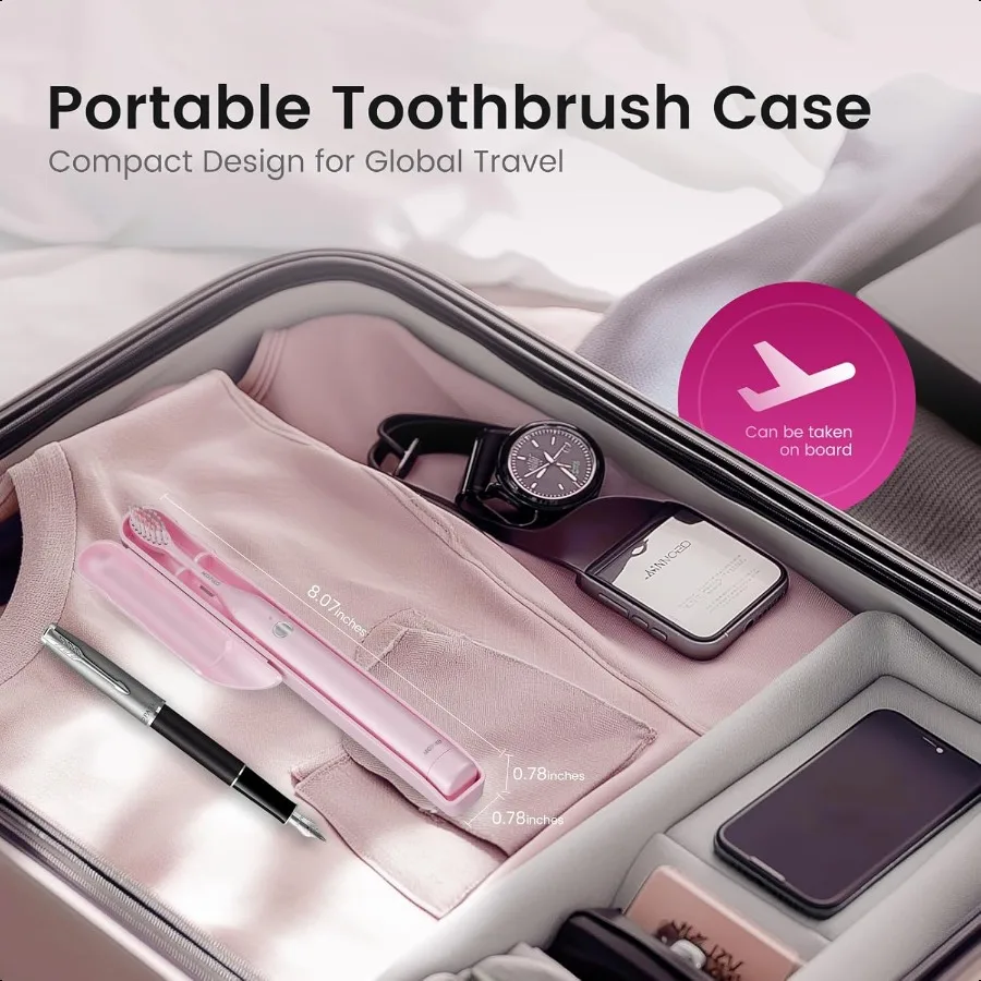 فرشاة أسنان كهربائية بالموجات الصوتية للبالغين، فرشاة أسنان كهربائية محمولة قابلة لإعادة الشحن، طقم سفر USB وردي #6