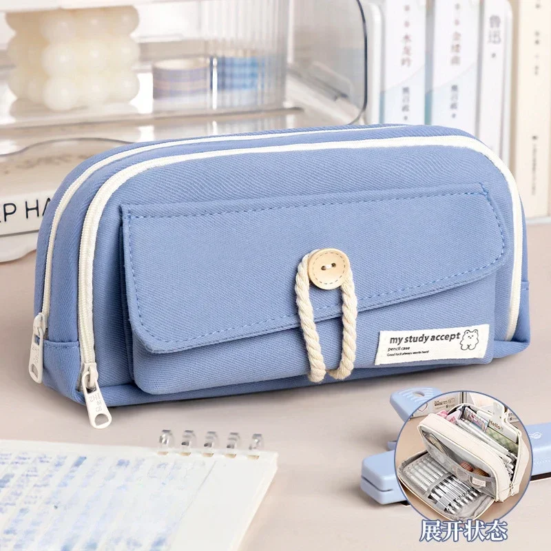 Fashion Pencil Cases Solid Color Canvas Beautiful Pencil Cases Three Layers Pencil Bags Student Teacher Stationery Holder