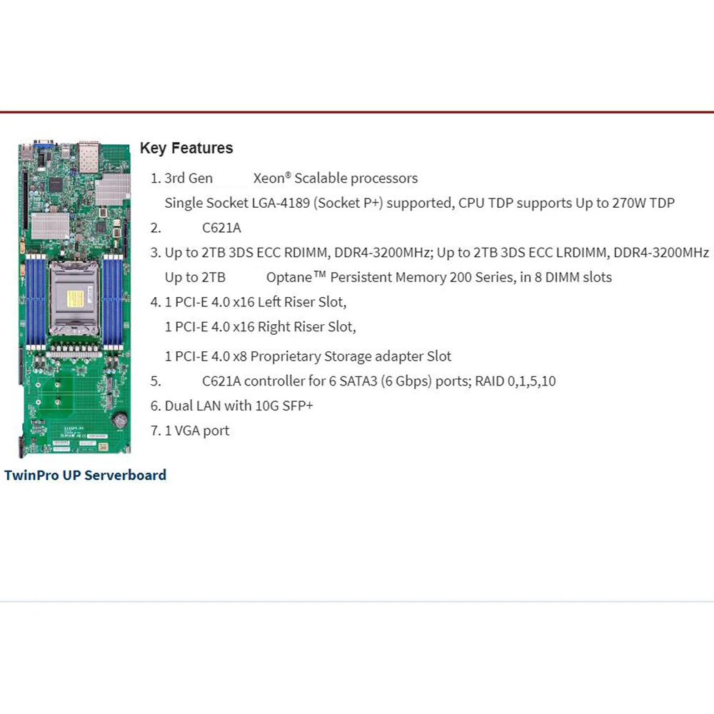 LGA-4189 슈퍼마이크로 서버 마더보드 X12SPT-PT, 2TB 3DS DDR4-3200MHz C621A 6XSATA 3