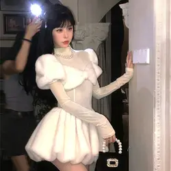 Sweet and Soft Girl Fur Spliced Half High Neck Princess Dress New Style with Waist Cinching and Slimming Flower Bud Short Skirt