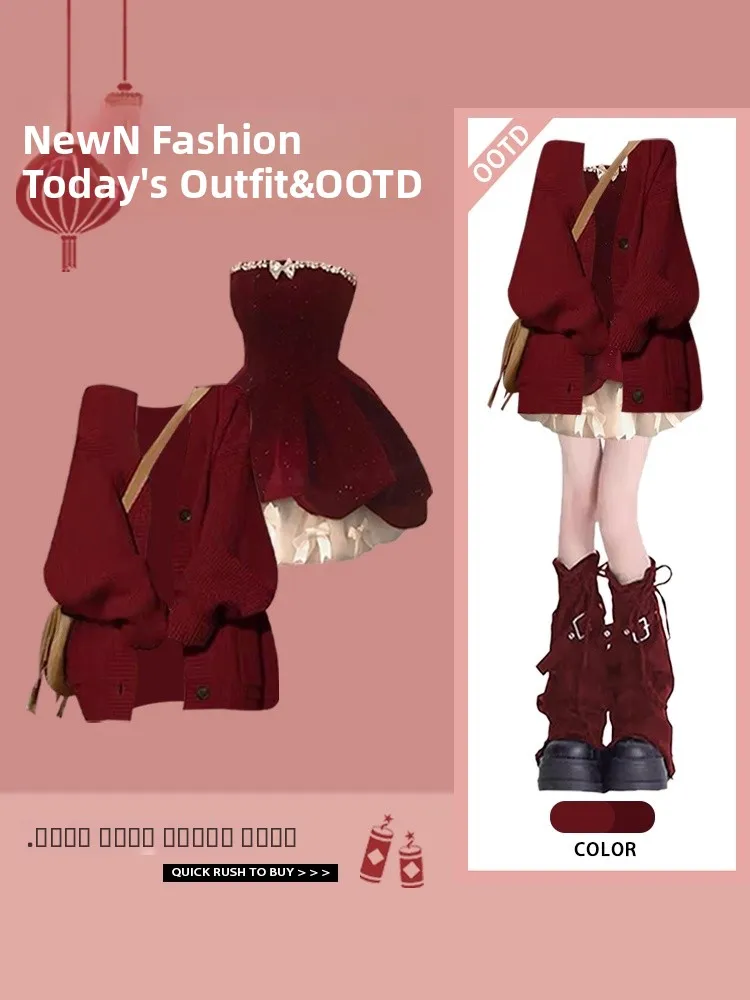 

New Year Red Knitted Dress Set High Fashion Winter Outfit Elegant Style Long Sleeve round Neck Sweater Coat Women's Ensemble