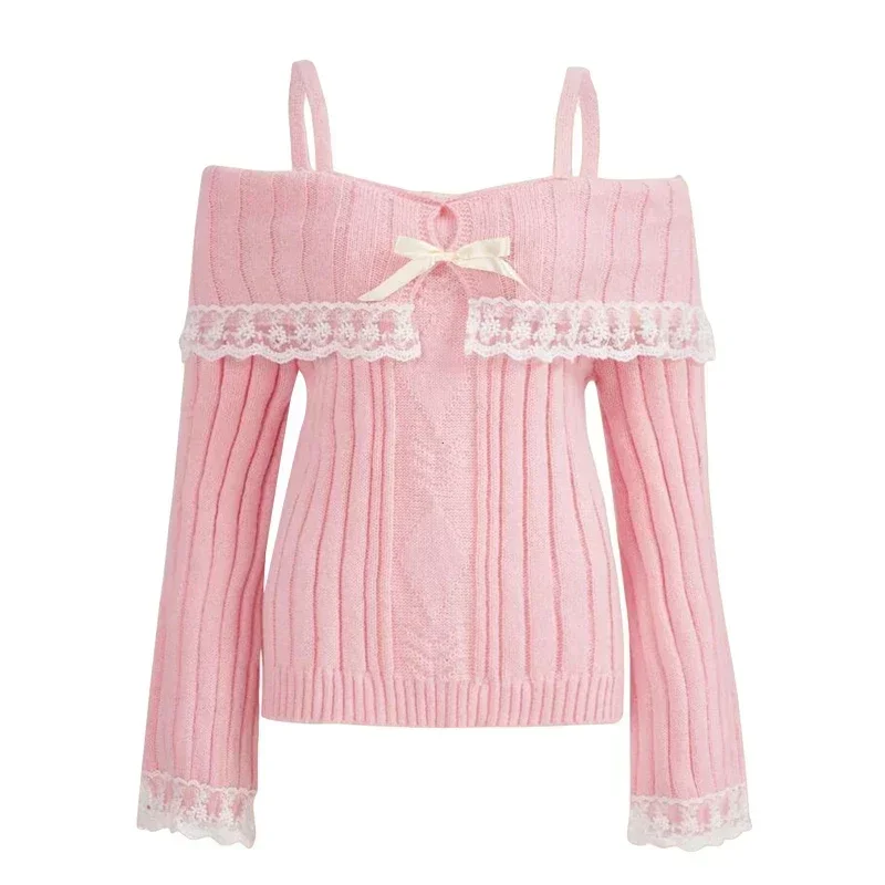 

Women Off Shoulder Knit Sweater Pink Pullover Sweet Pullovers Long Sleeve Bow Lace Patchwork Jumpers Y2k Streetwear