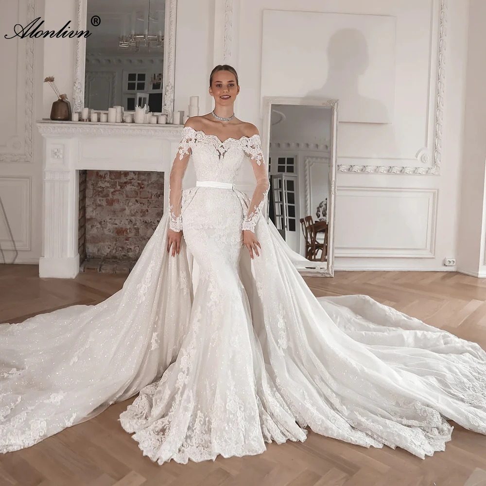

Alonlivn Очаровательные свадебные платья русалки 2 в 1, элегантные свадебные платья с открытыми плечами, съемный шлейф